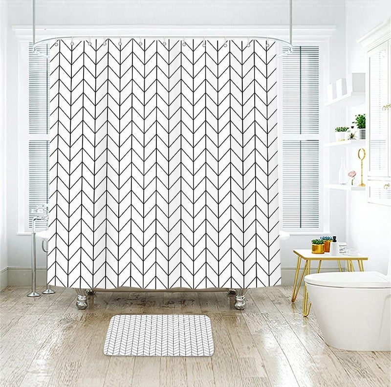 Riyidecor Boho Chevron Herringbone Shower Curtain Black White 60x72 Inch Geometric Striped Simple Modern Classy Neutral Contemporary 12 Pack Hooks Decor Fabric Bathroom Set Polyester Waterproof - Image 5